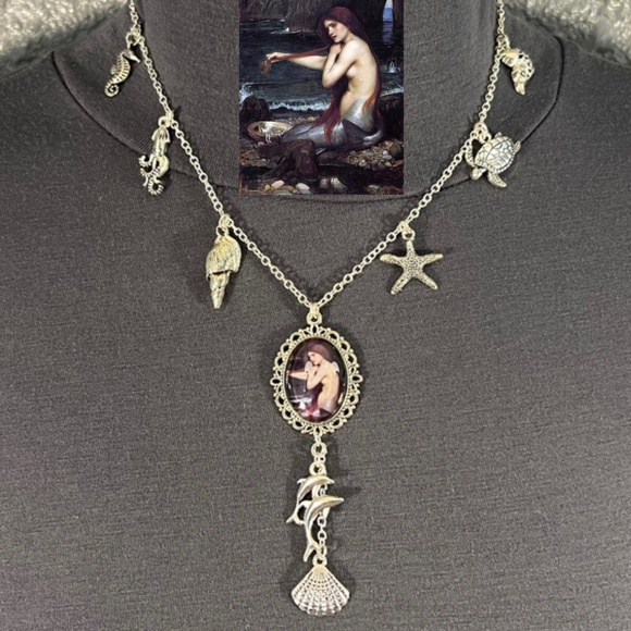 Handmade Jewelry - Merrow Celtic Mermaid Mythology Handmade Y Necklace Silver Sea Charms Seashell